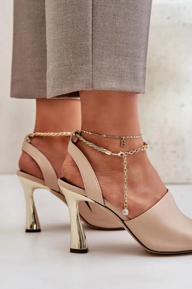 Outlet CheBello Skórzane Sandały Na Szpilce Z Ozdobną Bransoletą 4440 Beżowe Beżowy