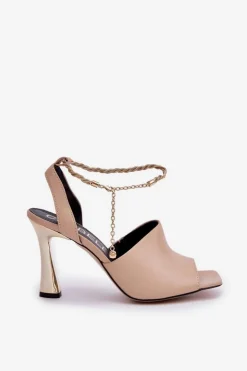 Outlet CheBello Skórzane Sandały Na Szpilce Z Ozdobną Bransoletą 4440 Beżowe Beżowy