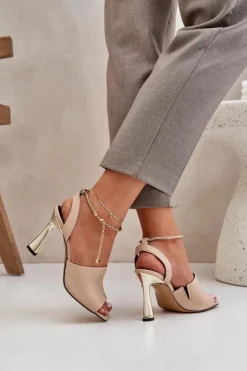 Outlet CheBello Skórzane Sandały Na Szpilce Z Ozdobną Bransoletą 4440 Beżowe Beżowy