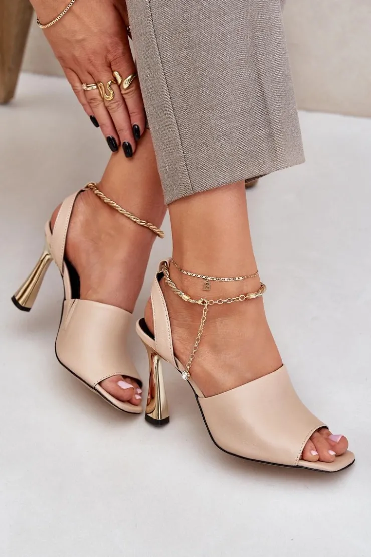 Outlet CheBello Skórzane Sandały Na Szpilce Z Ozdobną Bransoletą 4440 Beżowe Beżowy