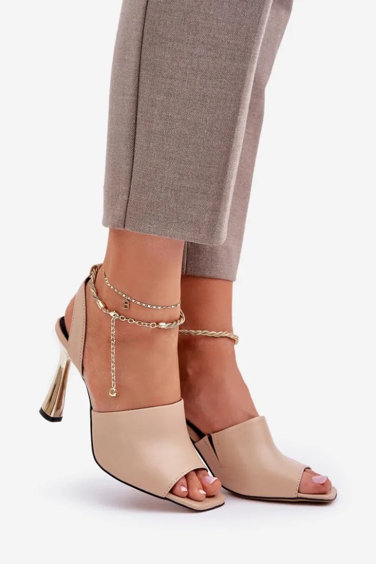 Outlet CheBello Skórzane Sandały Na Szpilce Z Ozdobną Bransoletą 4440 Beżowe Beżowy
