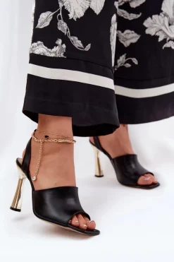 CheBello Sandały Na Obcasie*Skórzane Sandały Na Szpilce Z Ozdobną Bransoletą 4440 Czarne
