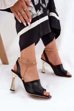 CheBello Sandały Na Obcasie*Skórzane Sandały Na Szpilce Z Ozdobną Bransoletą 4440 Czarne