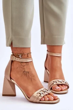 Sale Laura Messi Skórzane Sandały Na Trójkątnym Obcasie 2595 Beżowe