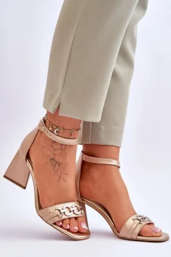 Sale Laura Messi Skórzane Sandały Na Trójkątnym Obcasie 2595 Beżowe