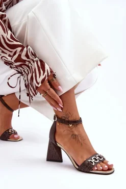 Damskie Laura Messi Skórzane Sandały Na Trójkątnym Obcasie 2595 Brązowe