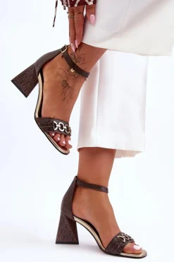 Damskie Laura Messi Skórzane Sandały Na Trójkątnym Obcasie 2595 Brązowe