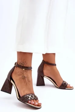 Damskie Laura Messi Skórzane Sandały Na Trójkątnym Obcasie 2595 Brązowe