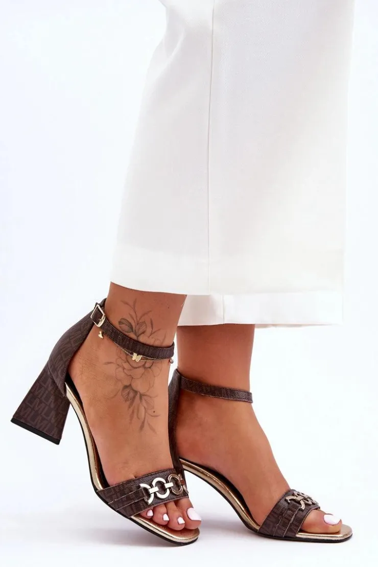 Damskie Laura Messi Skórzane Sandały Na Trójkątnym Obcasie 2595 Brązowe