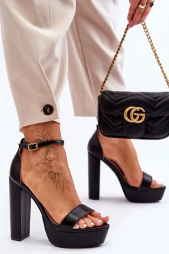 Damskie Boto Skórzane Sandały Na Wysokim Słupku I Platformie Czarne Sky Dream