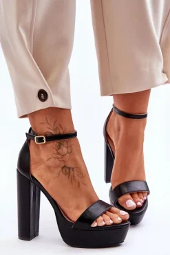 Damskie Boto Skórzane Sandały Na Wysokim Słupku I Platformie Czarne Sky Dream