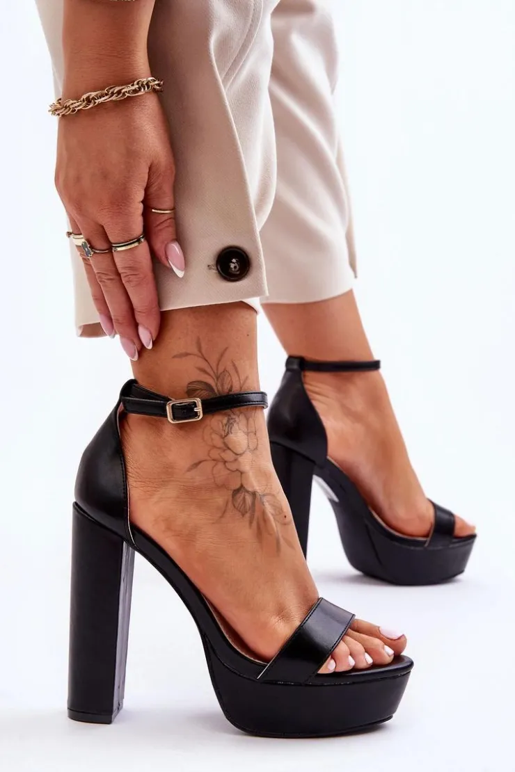 Damskie Boto Skórzane Sandały Na Wysokim Słupku I Platformie Czarne Sky Dream