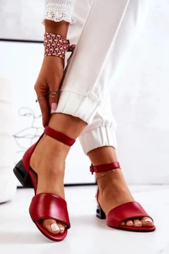 Hot Laura Messi Skórzane Sandały Na Złotym Obcasie 2143 Czerwone