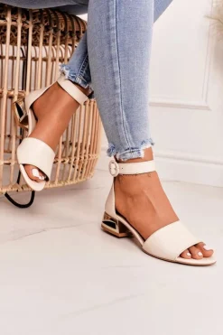 Laura Messi Sandały Na Obcasie|Sandały Płaskie*Skórzane Sandały Na Złotym Obcasie 2143 Beżowe Beżowy