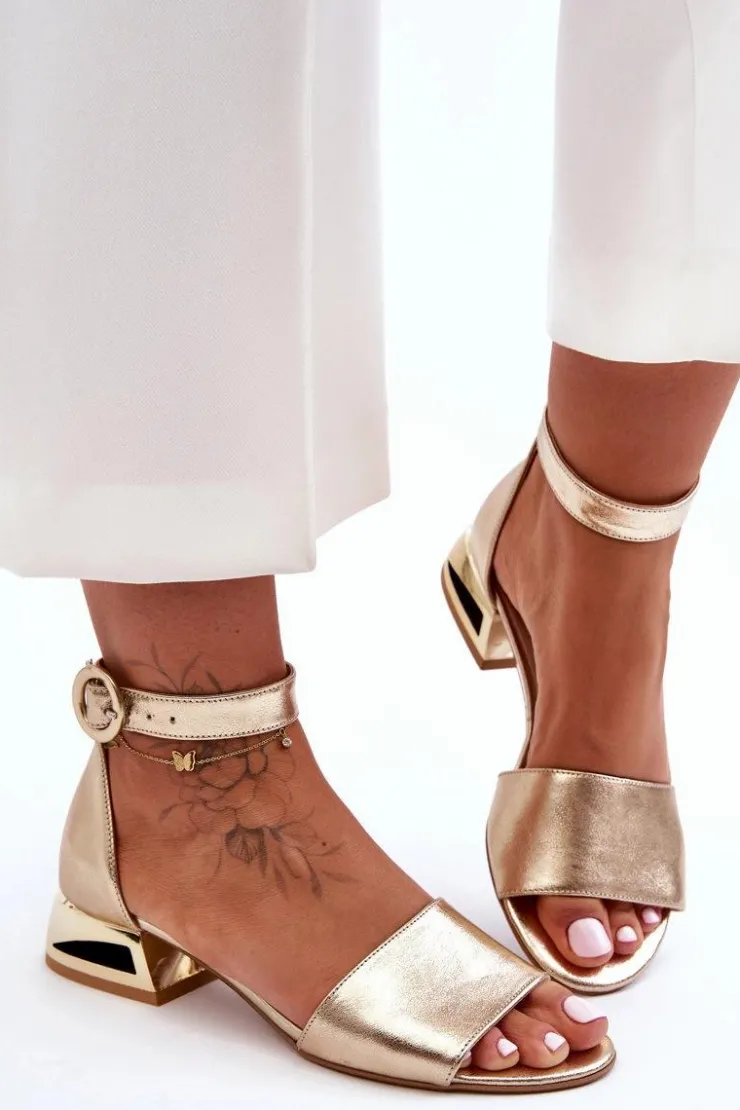 Damskie Laura Messi Skórzane Sandały Na Złotym Obcasie 2143 Złote