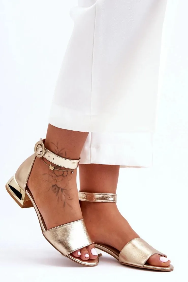 Damskie Laura Messi Skórzane Sandały Na Złotym Obcasie 2143 Złote