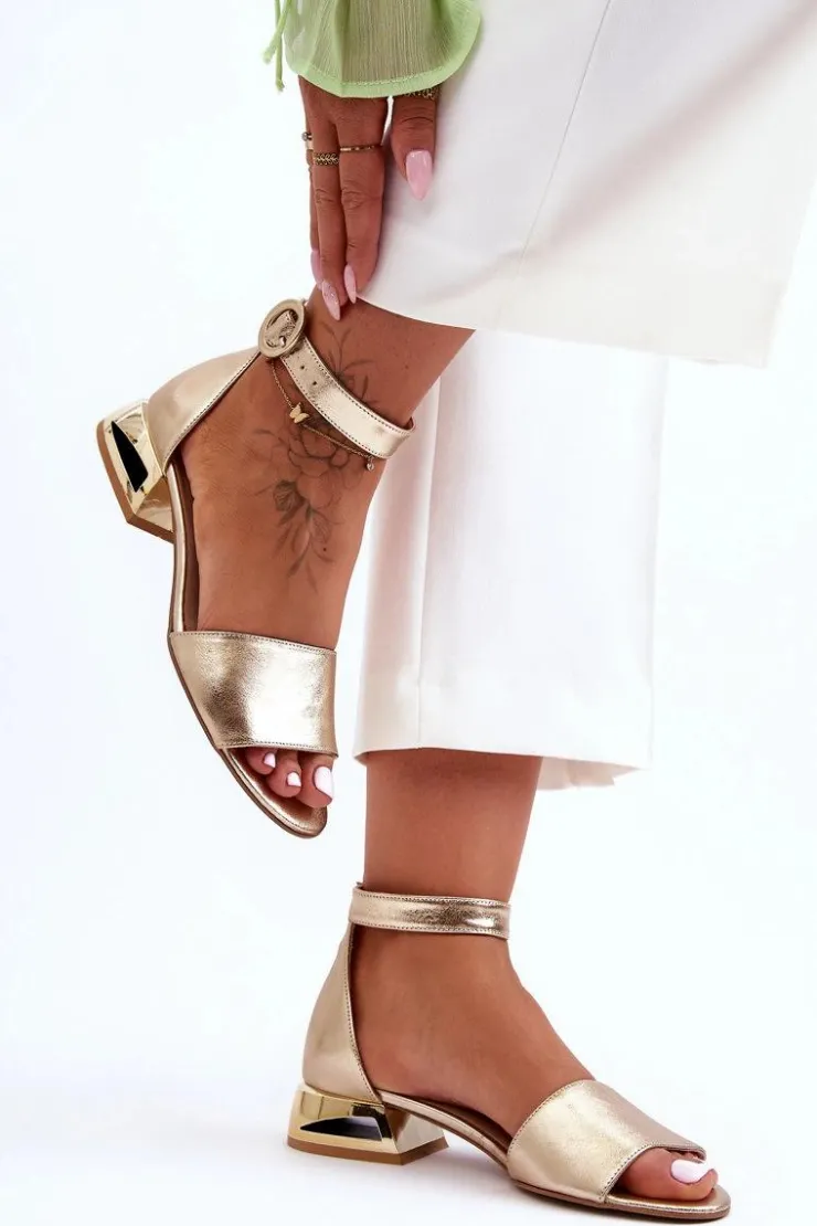 Damskie Laura Messi Skórzane Sandały Na Złotym Obcasie 2143 Złote