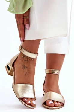 Damskie Laura Messi Skórzane Sandały Na Złotym Obcasie 2143 Złote