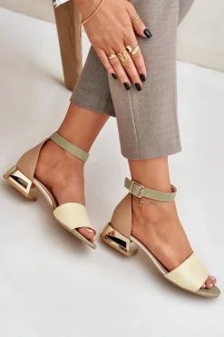 Damskie Laura Messi Skórzane Sandały Na Złotym Obcasie 2143 Beżowe