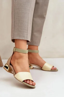 Damskie Laura Messi Skórzane Sandały Na Złotym Obcasie 2143 Beżowe