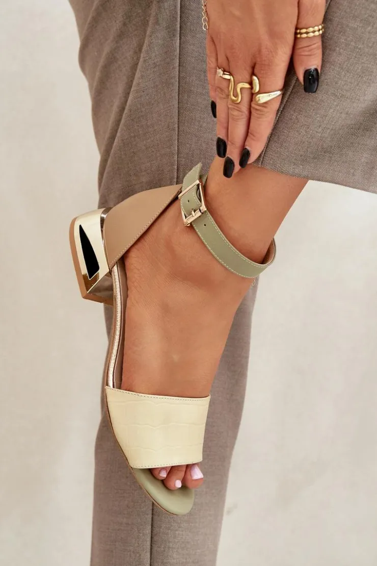 Damskie Laura Messi Skórzane Sandały Na Złotym Obcasie 2143 Beżowe