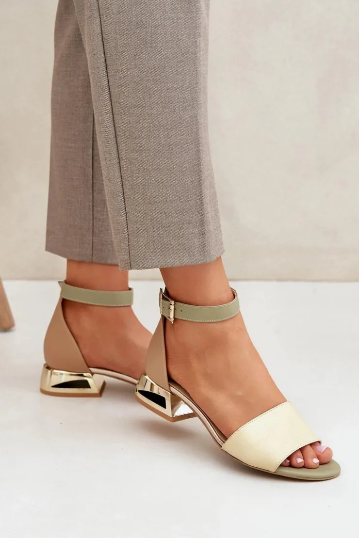 Damskie Laura Messi Skórzane Sandały Na Złotym Obcasie 2143 Beżowe