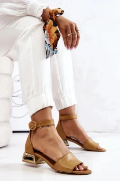 Laura Messi Sandały Na Obcasie|Sandały Płaskie*Skórzane Sandały Na Złotym Obcasie 2143 Camel