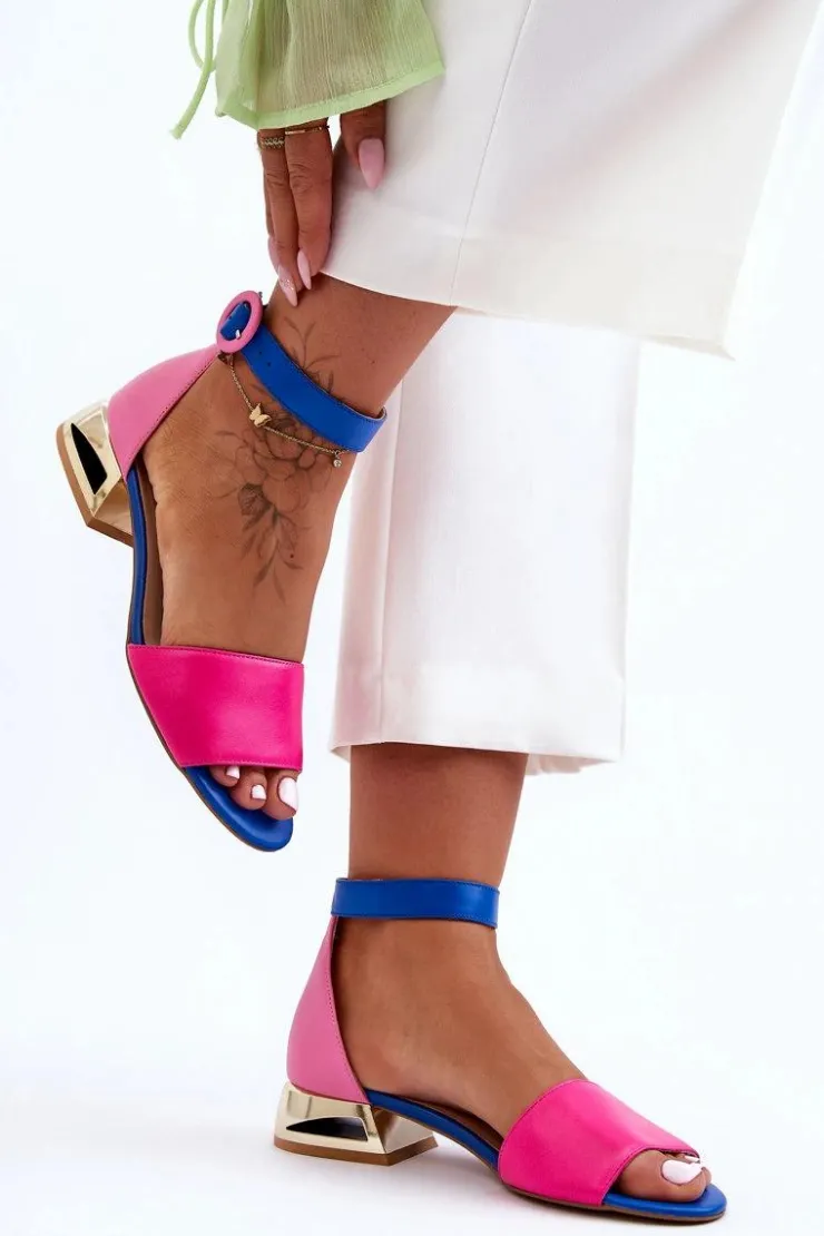 Damskie Laura Messi Skórzane Sandały Na Złotym Obcasie 2143 Różowo-Niebieskie