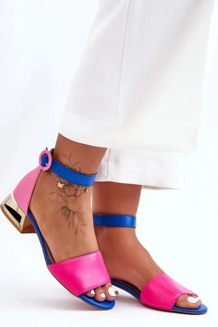 Damskie Laura Messi Skórzane Sandały Na Złotym Obcasie 2143 Różowo-Niebieskie