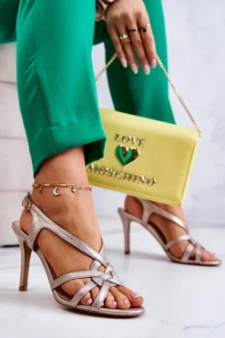 Online Laura Messi Skórzane Sandały Szpilki 2002 Beżowo-Złote