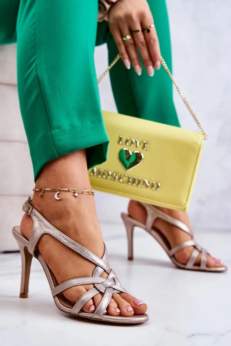 Online Laura Messi Skórzane Sandały Szpilki 2002 Beżowo-Złote