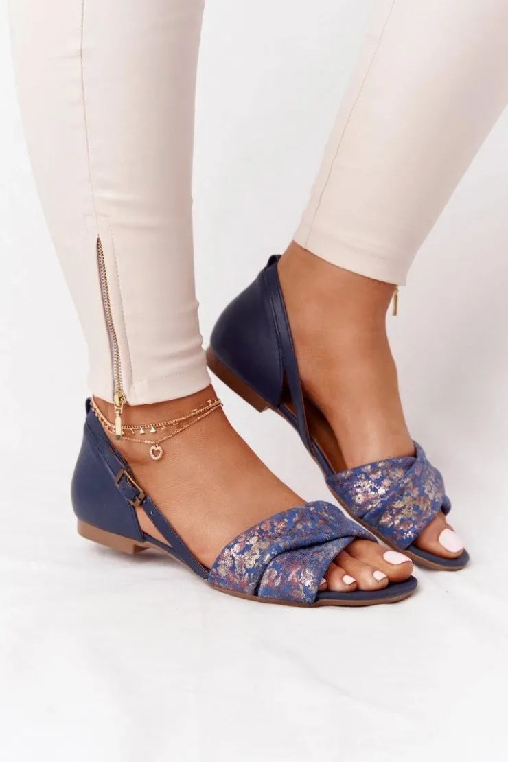 Maciejka Sandały Płaskie*Skórzane Sandały W Kwiatki 04614-43 Granatowe