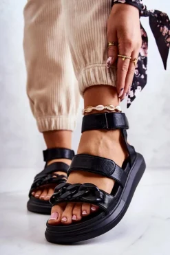 Damskie Boto Skórzane Sandały Z Łańcuchem La.Fi Czarne Alissia