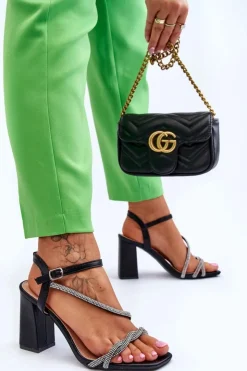 Hot Boto Skórzane Sandały Z Cyrkoniami Na Obcasie Czarne Carlotta Czarny