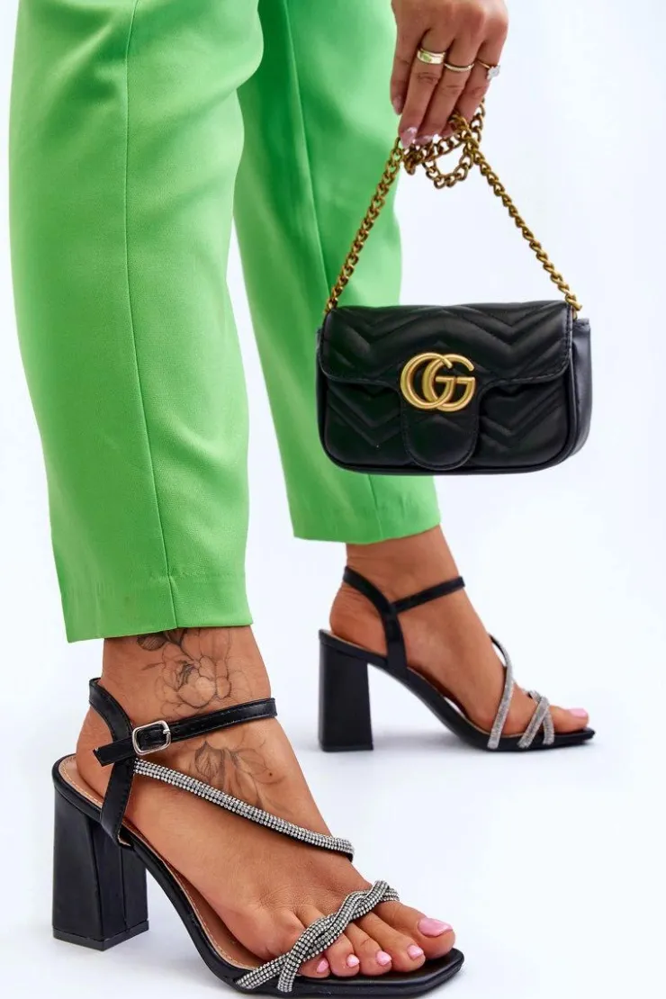 Hot Boto Skórzane Sandały Z Cyrkoniami Na Obcasie Czarne Carlotta Czarny