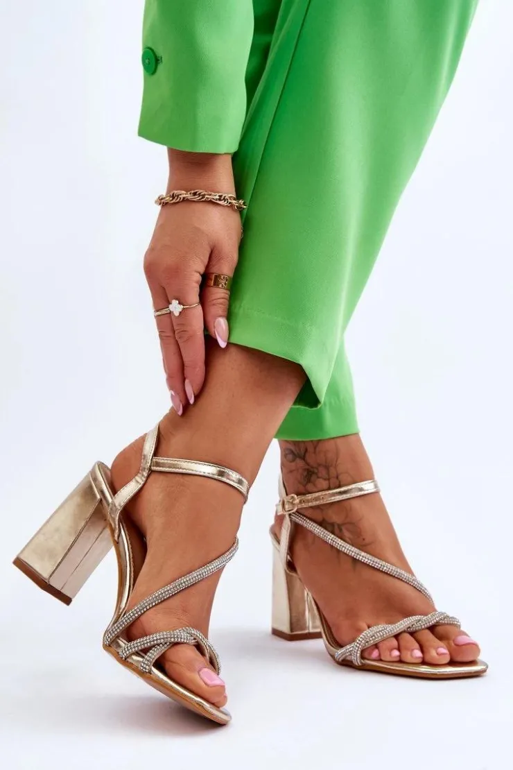 Outlet Boto Skórzane Sandały Z Cyrkoniami Na Obcasie Złote Carlotta