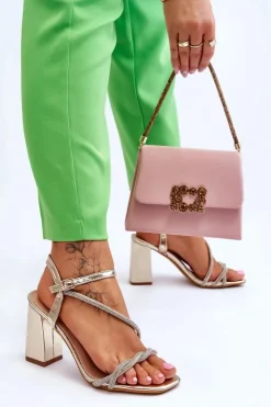 Outlet Boto Skórzane Sandały Z Cyrkoniami Na Obcasie Złote Carlotta