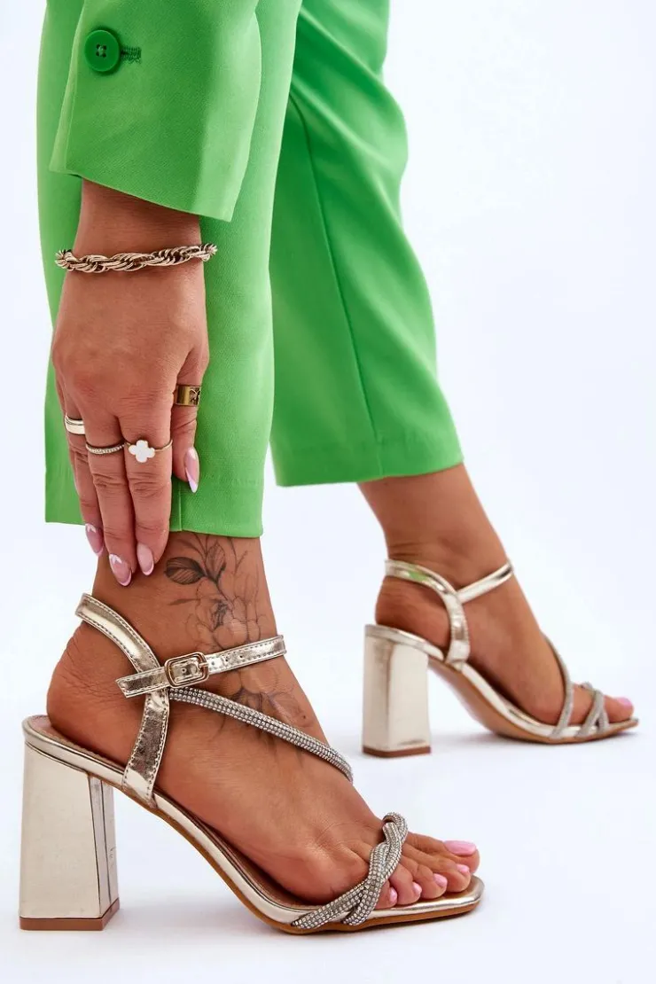 Outlet Boto Skórzane Sandały Z Cyrkoniami Na Obcasie Złote Carlotta