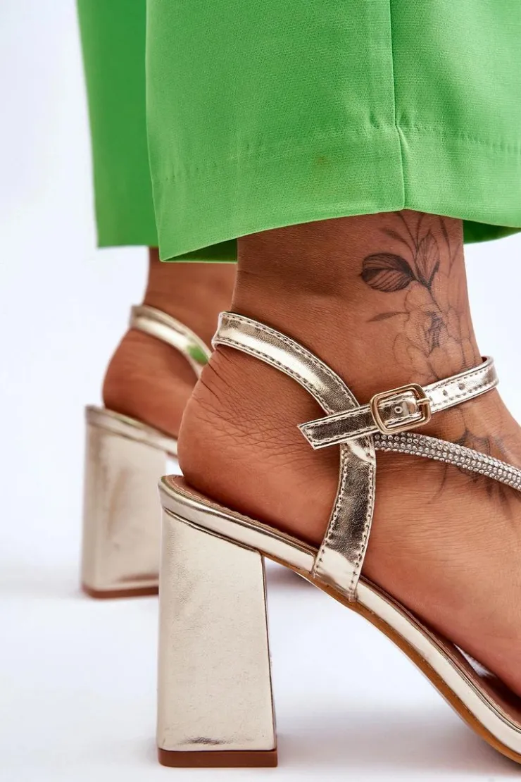 Outlet Boto Skórzane Sandały Z Cyrkoniami Na Obcasie Złote Carlotta