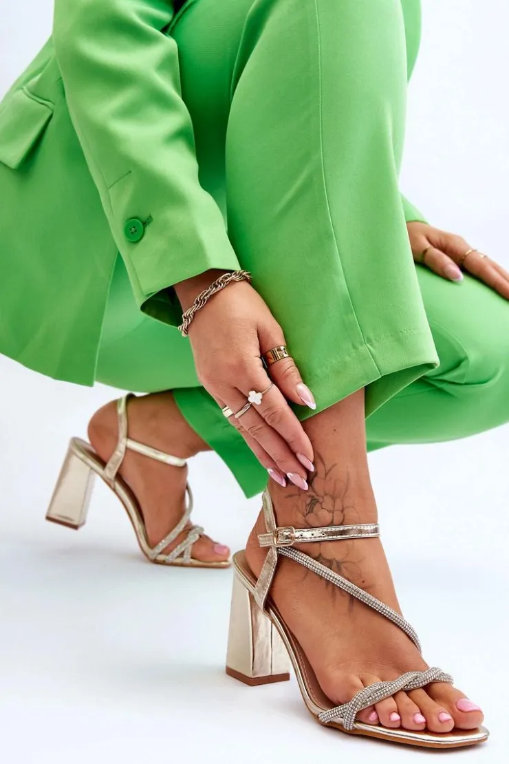 Outlet Boto Skórzane Sandały Z Cyrkoniami Na Obcasie Złote Carlotta