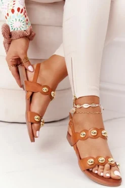 Damskie buty S.Barski Skórzane Sandały Z Dżetami S.Barski 541-52 Brązowe