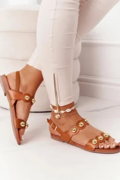 Damskie buty S.Barski Skórzane Sandały Z Dżetami S.Barski 541-52 Brązowe