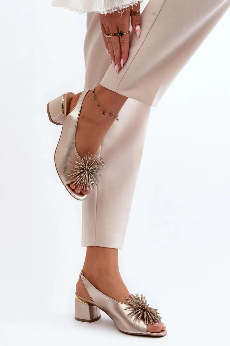 Damskie Laura Messi Skórzane Sandały Z Ozdobą 2719 Złote