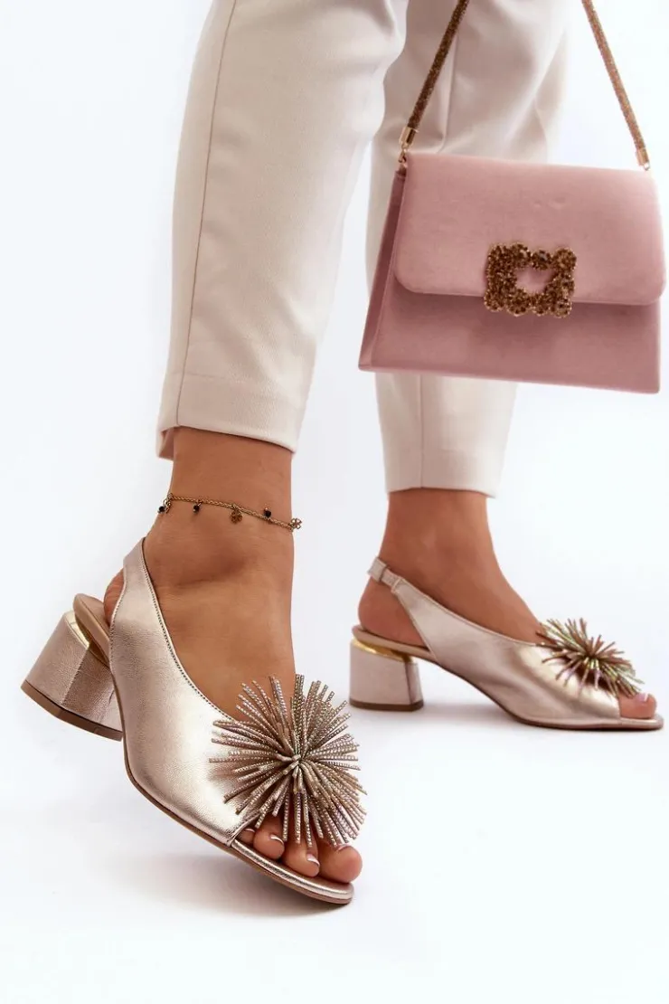 Damskie Laura Messi Skórzane Sandały Z Ozdobą 2719 Złote