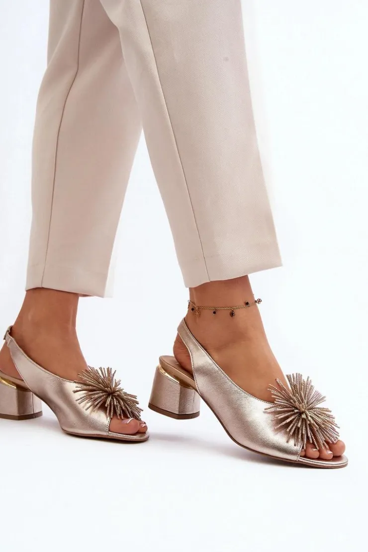 Damskie Laura Messi Skórzane Sandały Z Ozdobą 2719 Złote