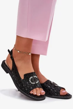 Damskie buty S.Barski Sandały Płaskie*Skórzane Sandały Z Ozdobą Na Płaskim Obcasie S.Barski KV51-096 Czarne Czarny