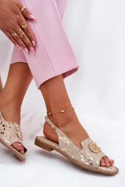 Clearance Damskie buty S.Barski Skórzane Sandały Z Ozdobą Na Płaskim Obcasie S.Barski KV51-096 Złote Złoty