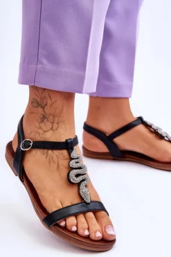 Outlet Damskie buty S.Barski Skórzane Sandały Z Ozdobnym Wężem S.Barski KV-5541-42 Czarne Czarny
