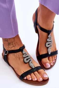 Outlet Damskie buty S.Barski Skórzane Sandały Z Ozdobnym Wężem S.Barski KV-5541-42 Czarne Czarny