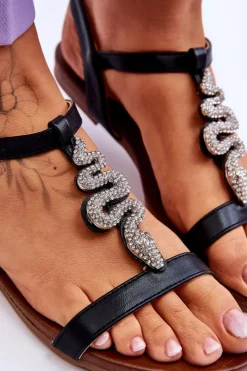 Outlet Damskie buty S.Barski Skórzane Sandały Z Ozdobnym Wężem S.Barski KV-5541-42 Czarne Czarny